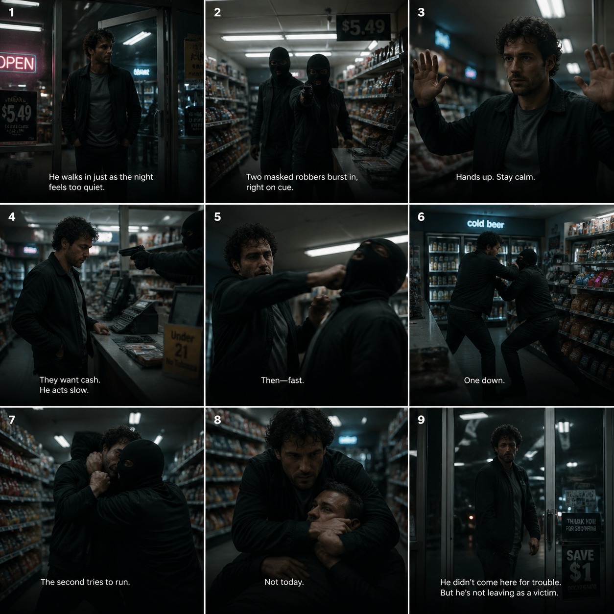 A cinematic 3x3 storyboard grid showing a dramatic action sequence inside a modern...