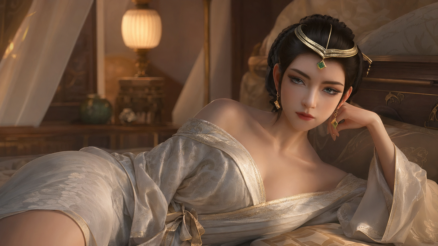 参考图中人物形象，保持面部特征一致性，保持画面风格。生成该人物躺在卧室床上，穿着浴袍，一侧浴袍滑落到肩膀，展示身材。