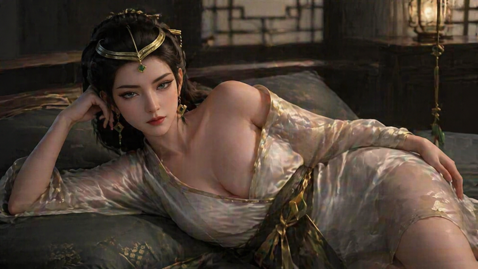 参考图中人物形象，保持面部特征一致性，保持画面风格。生成该人物躺在卧室床上，穿着浴袍，一侧浴袍滑落到肩膀，展示身材。