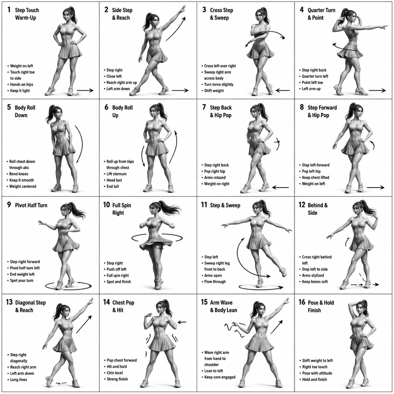 Dance Sequence Instruction Sheet [VISUAL STYLE] A composition featuring a highly detailed...