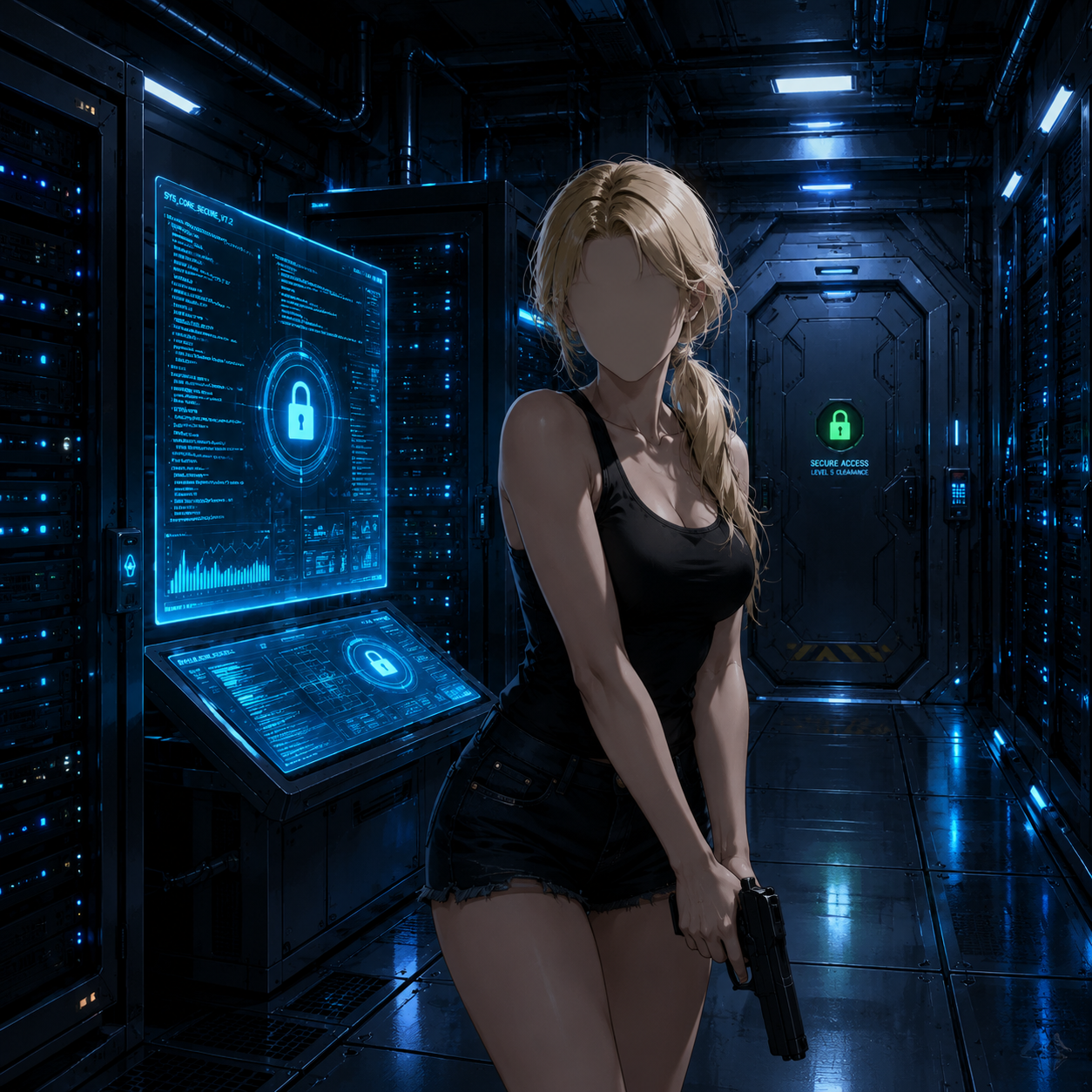 Create a polished anime-style sci-fi thriller scene in a dark futuristic server room....