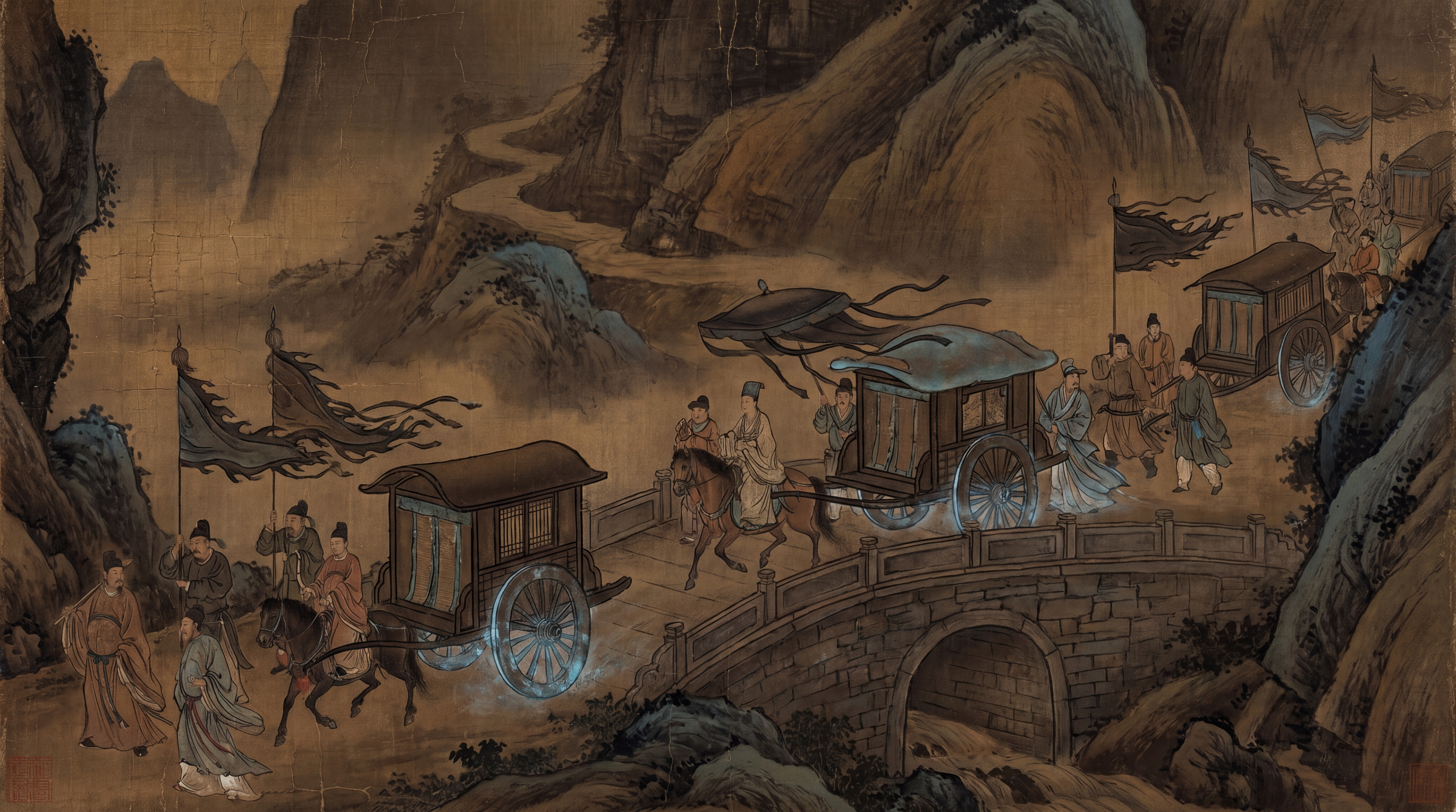 北宋时期风格油画暗棕褐色旧版图高清，精细工笔，精细流畅、柔韧有力、充满韵律感。衣纹的勾勒，疏密有致。用色典雅，善于运用对比色，丰富和谐，唐朝时期皇家出行，自然逼真，皇上和侍卫骑电瓶...