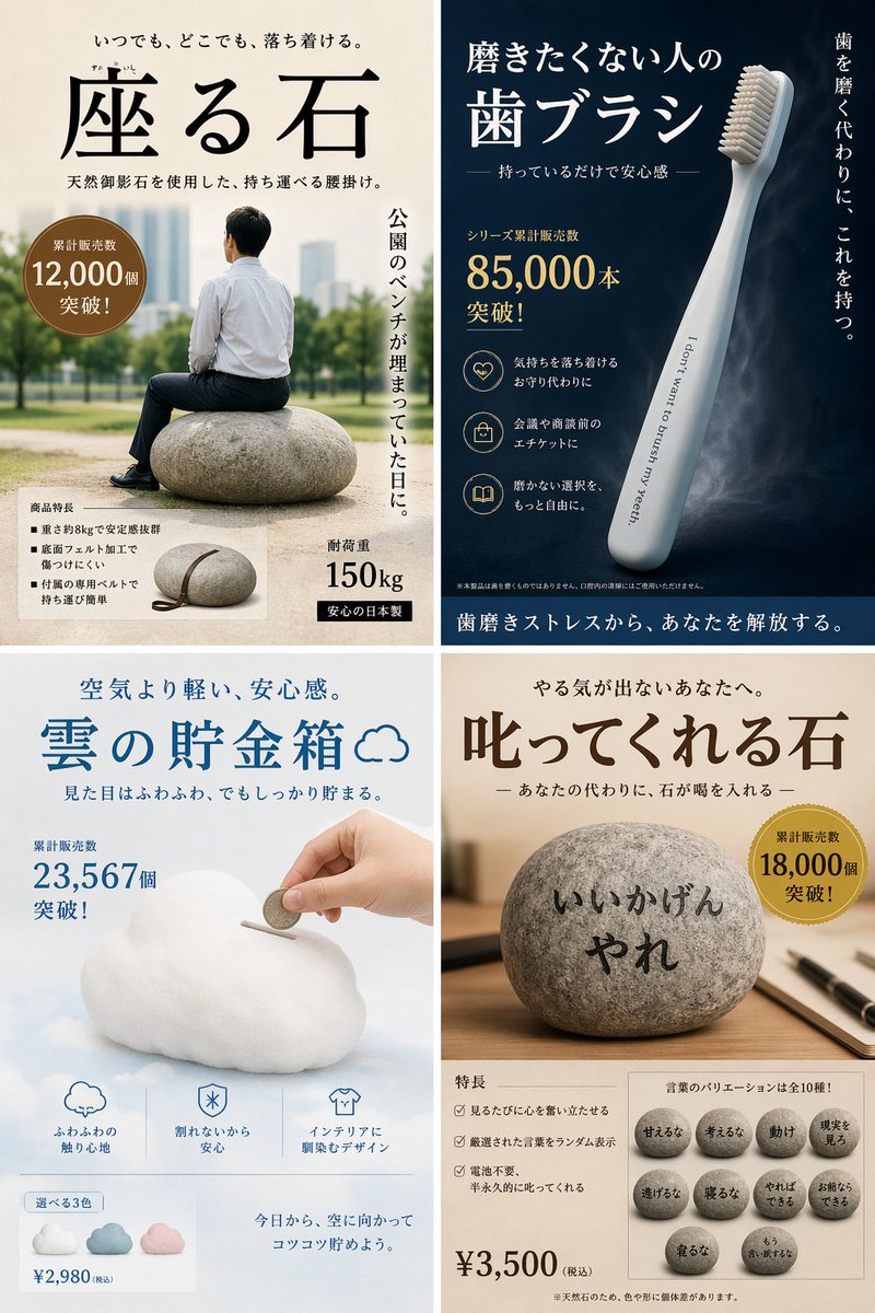 4-panel satirical product advertisement grid