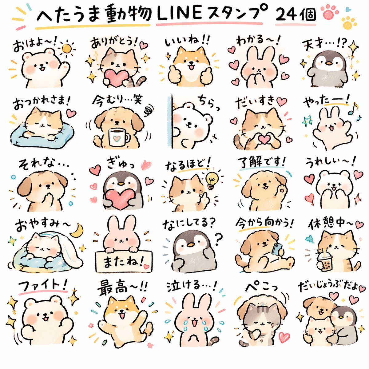 Create 24 LINE stickers of animals in a quirky hand-drawn style